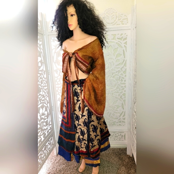 Exotic Boho Silk Blue Multicolor Reversible Wrap Skirt - Picture 5 of 12